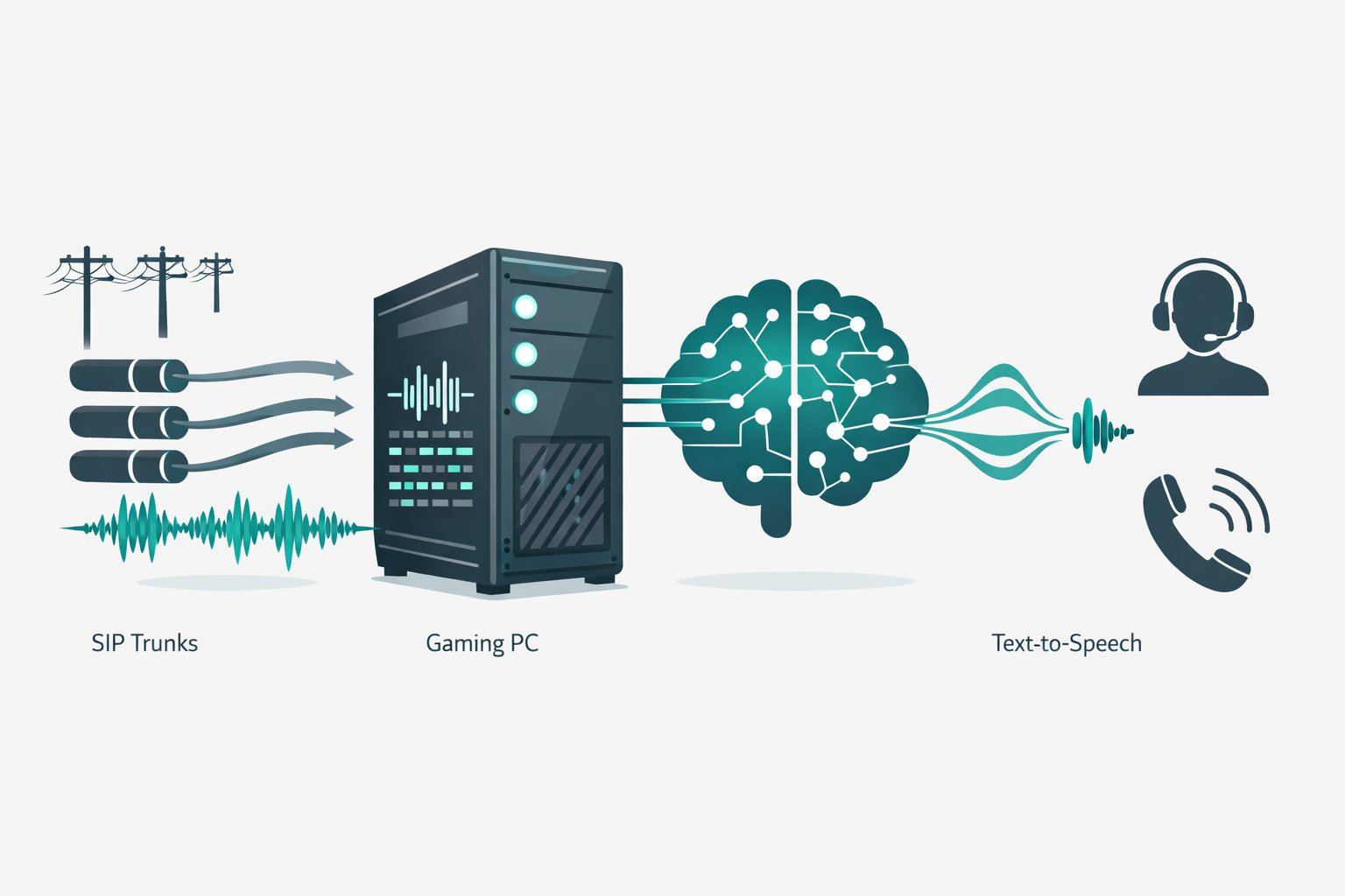 SIP Trunks flowing into Gaming PC with AI brain processing and Text-to-Speech output